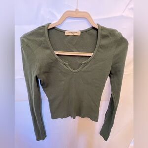 Perfect White Tee XS Green Waffle Knit Cropped Long Sleeve Top USA Made